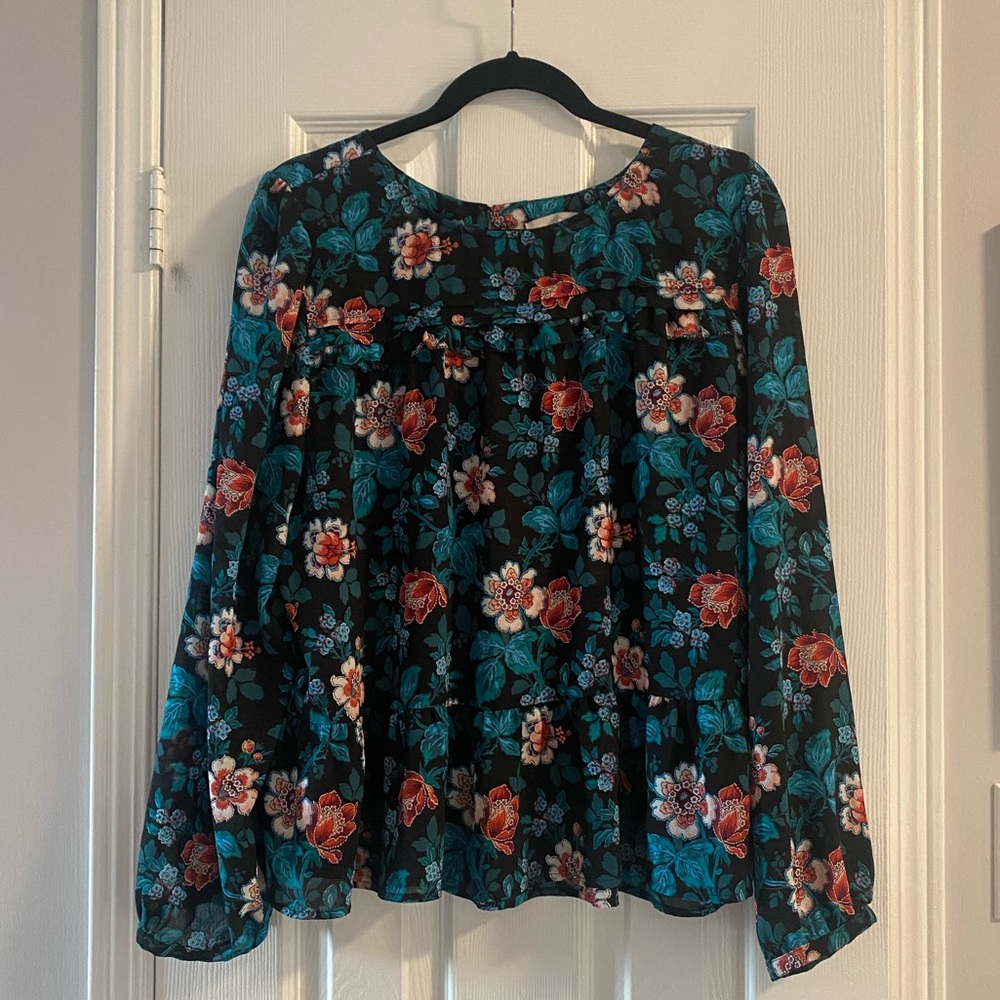 LOFT Black and Green Floral Peplum Blouse